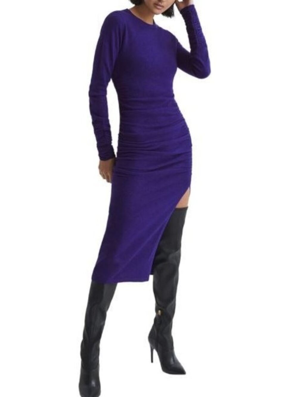 Reiss Charley Midi Dress Large NWT Plum Ruched Wool Cashmere Knit Sweater